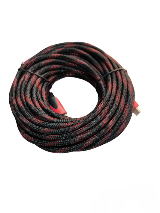 Braided HDMI to HDMI 1.4V cable with red and black woven exterior for durable high-speed connections