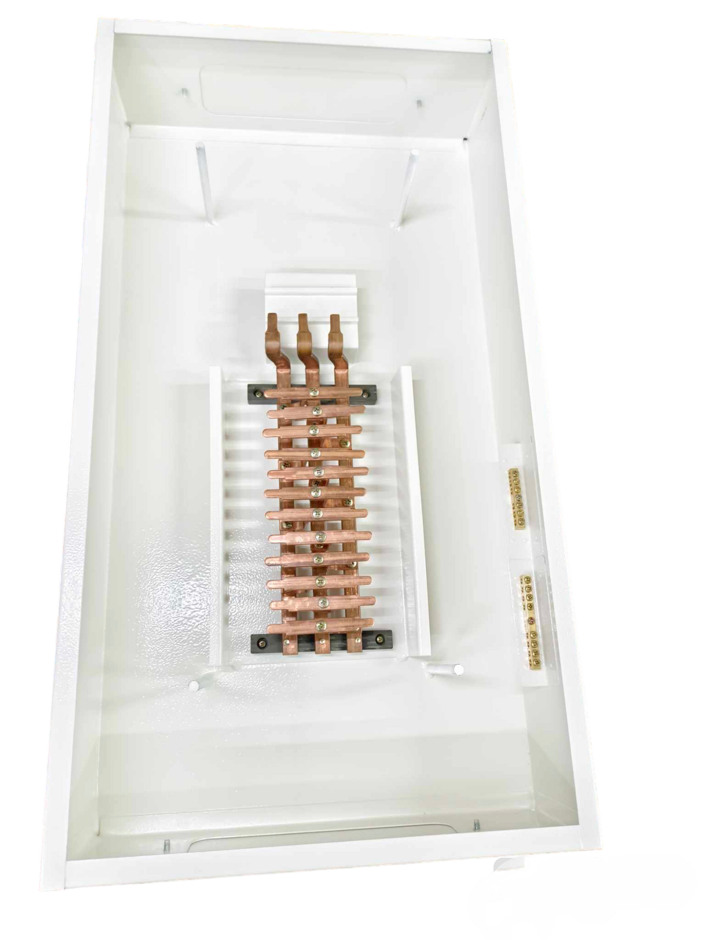 Miniature circuit breaker panel 12 branches with copper busbars inside white electrical enclosure