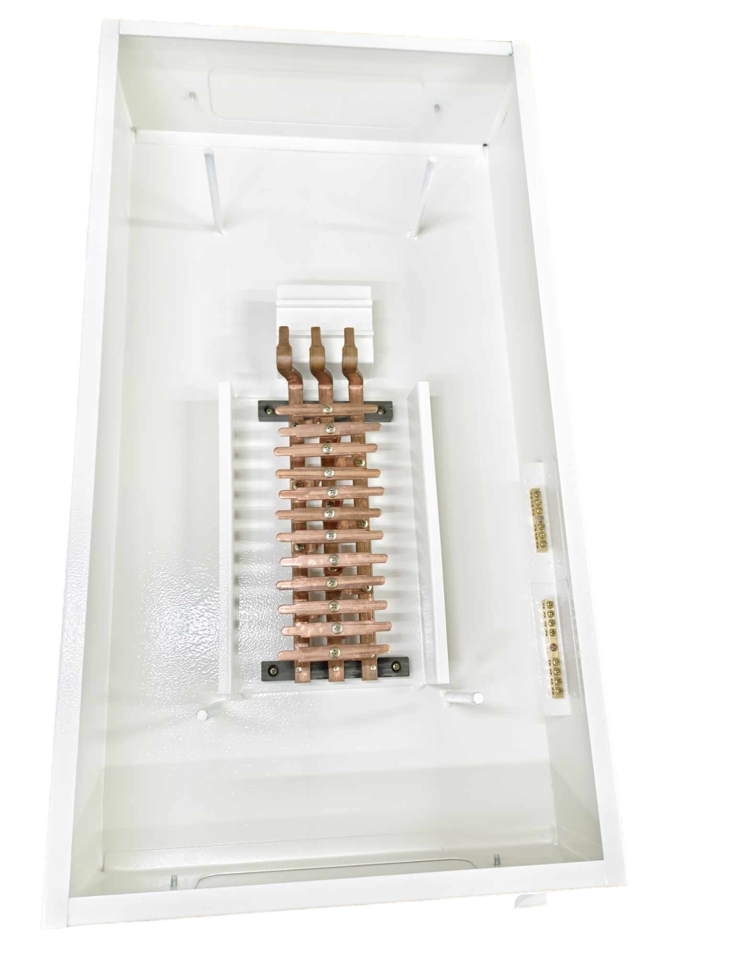 Miniature circuit breaker panel 12 branches with copper busbars inside white electrical enclosure