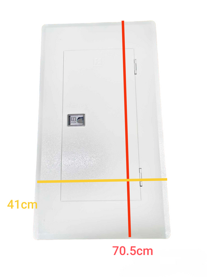 White miniature circuit breaker panel 12 branches with secured door and handle measuring 70.5 by 41 cm