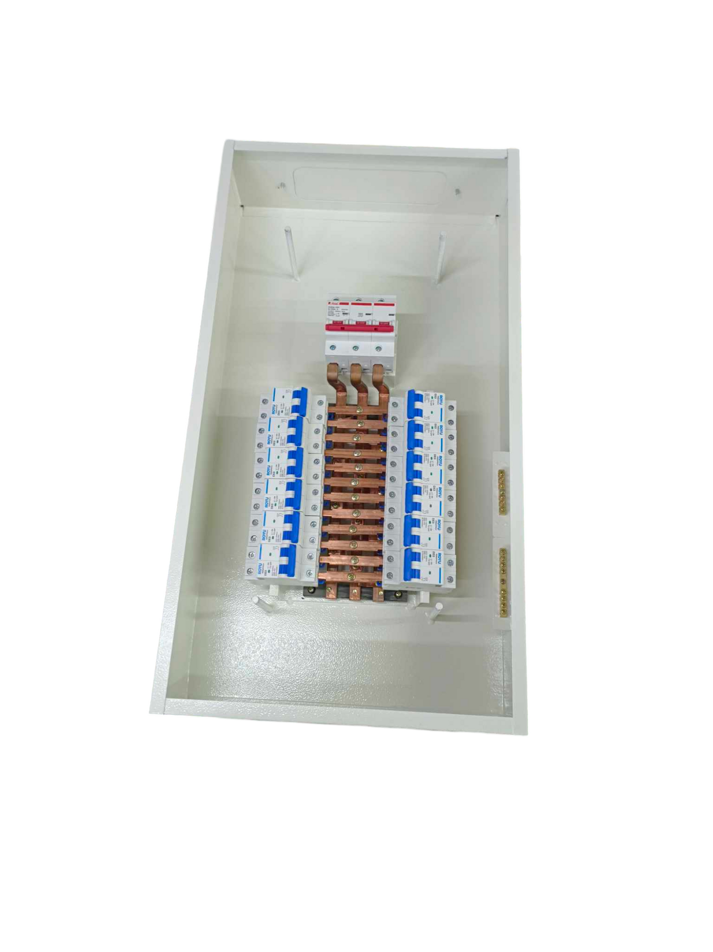Miniature circuit breaker panel 12 branches with copper busbars inside a white enclosure