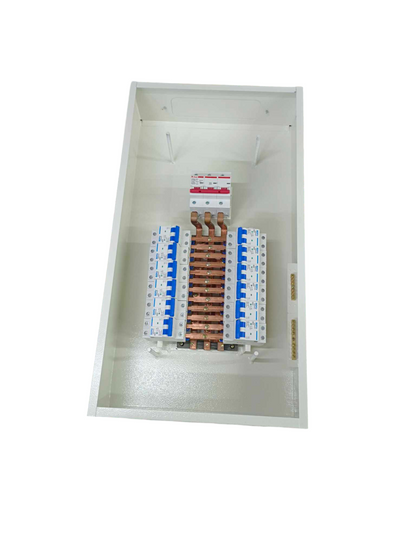 Miniature circuit breaker panel 12 branches with copper busbars inside a white enclosure