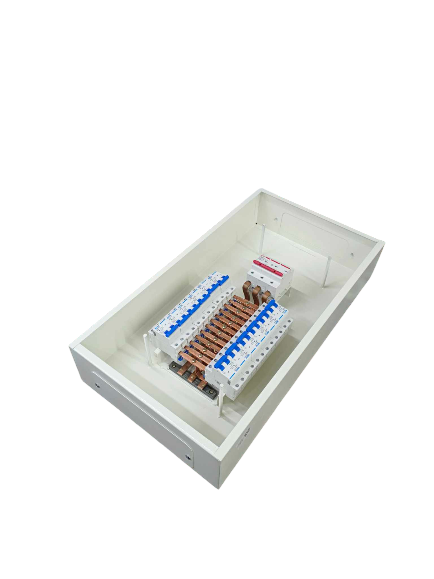 White miniature circuit breaker panel 12 branches with copper busbars and blue switches inside