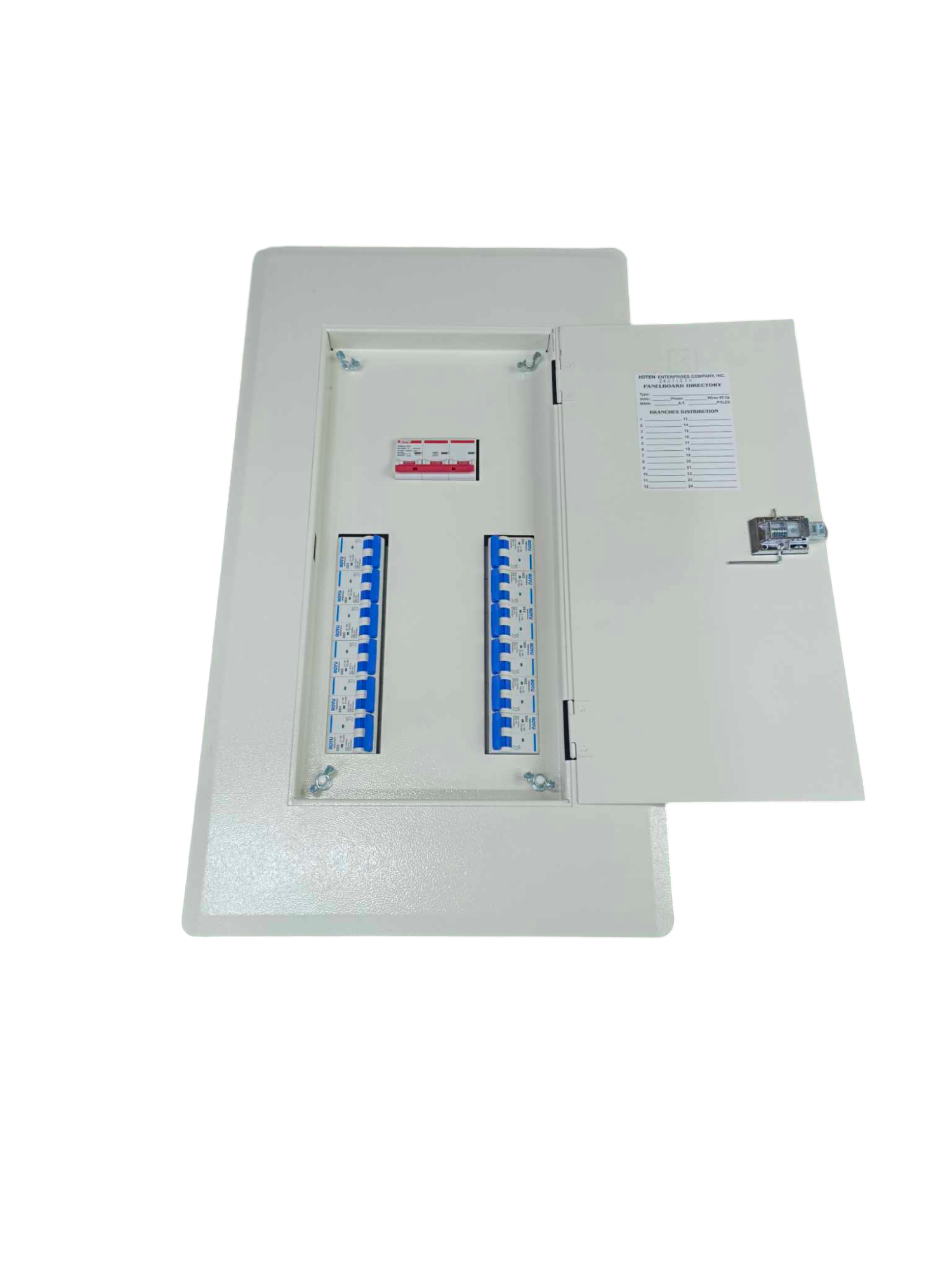White miniature circuit breaker panel 12 branches with open door showing blue switches