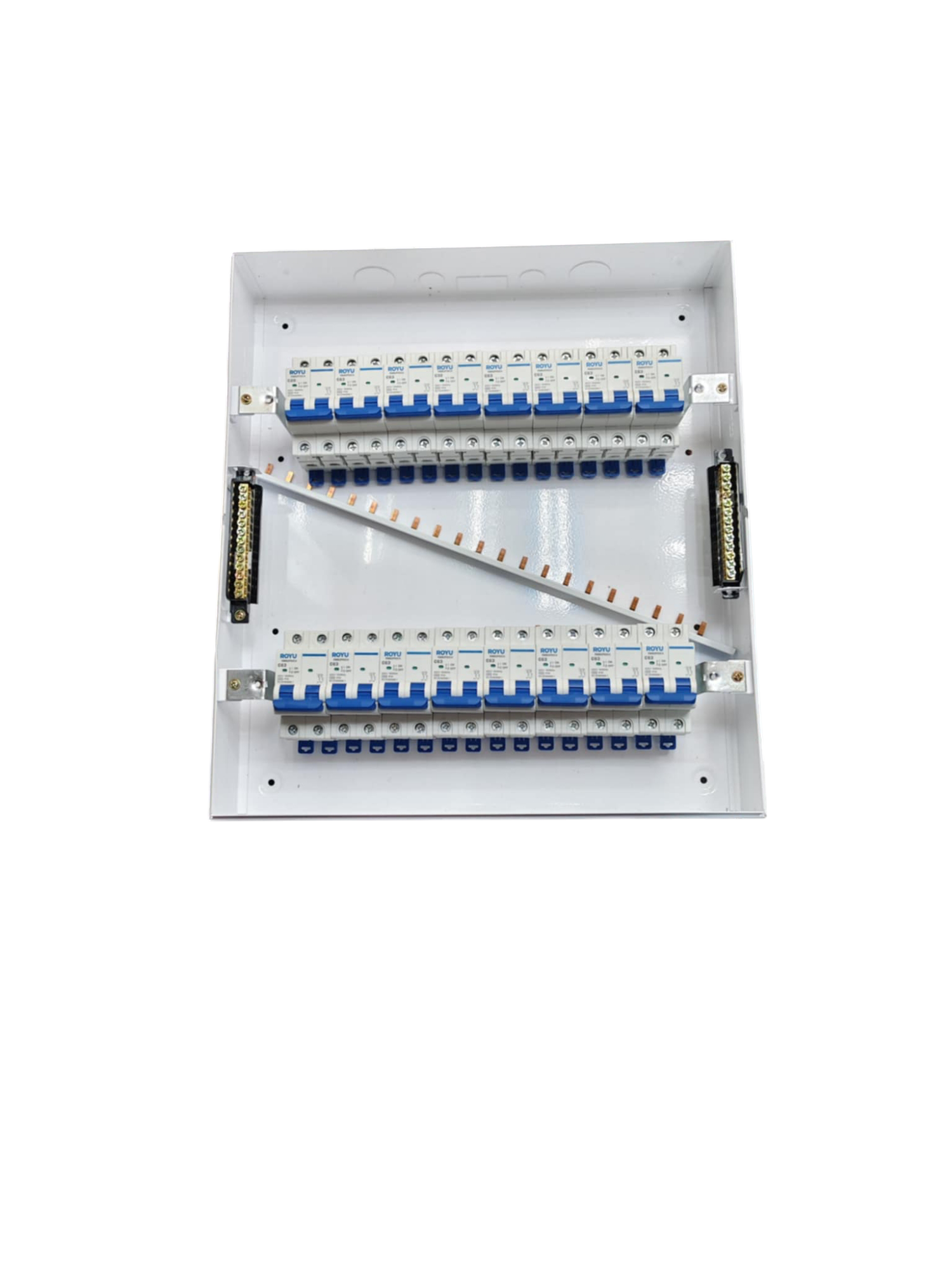 Royu & ZY Breakers Panel Board 50A 2 Pole Main with multiple circuit breakers in white metal casing