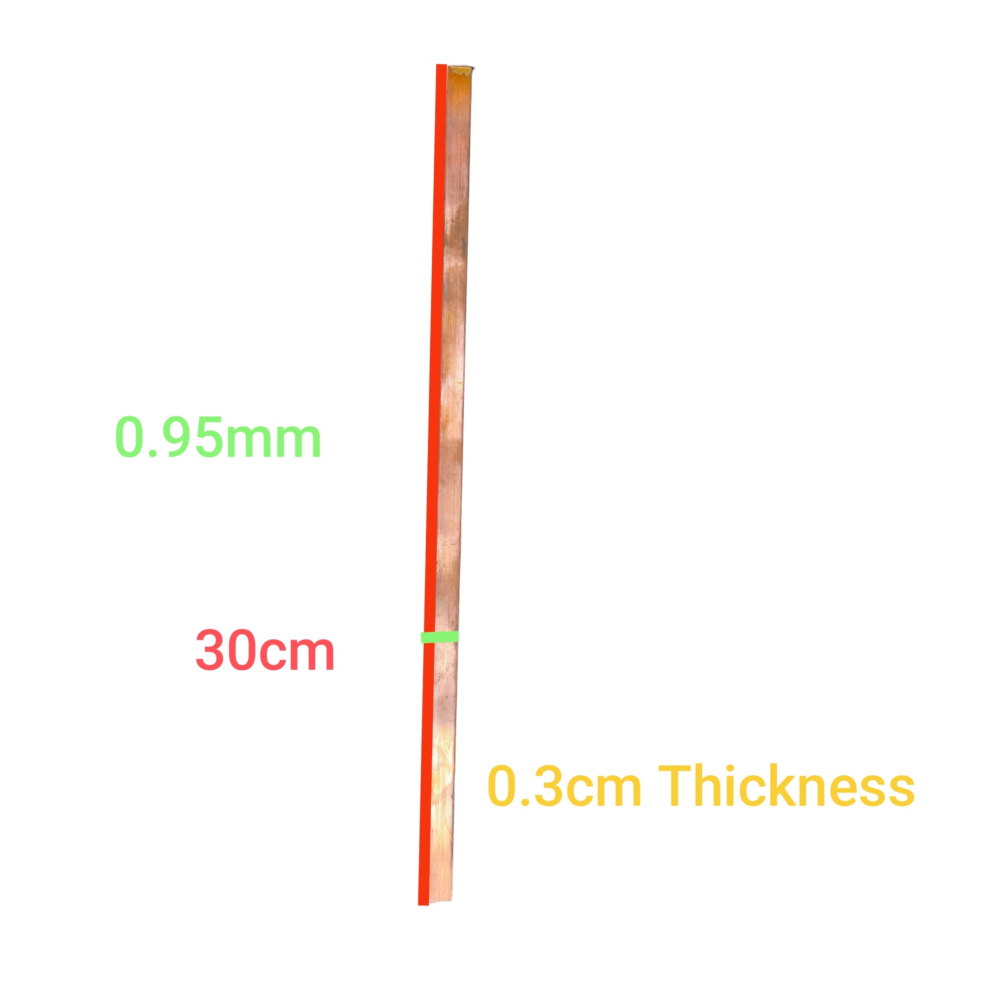 Copper Bus Bar 9.5mm x 3mm x 300mm with clear measurement labels from Chinese vendor