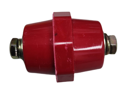 Red Bus Bar Insulator 12Kv SM-7110 electrical component with metal bolts on black background