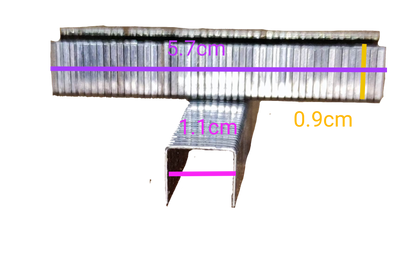 Butterfly metal staples close up with measurements labeled showing 500pcs box staple wires for desktop staplers