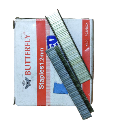Butterfly staples box with loose metal strips on top 1.2mm showing 500pcs box staple wires for office use