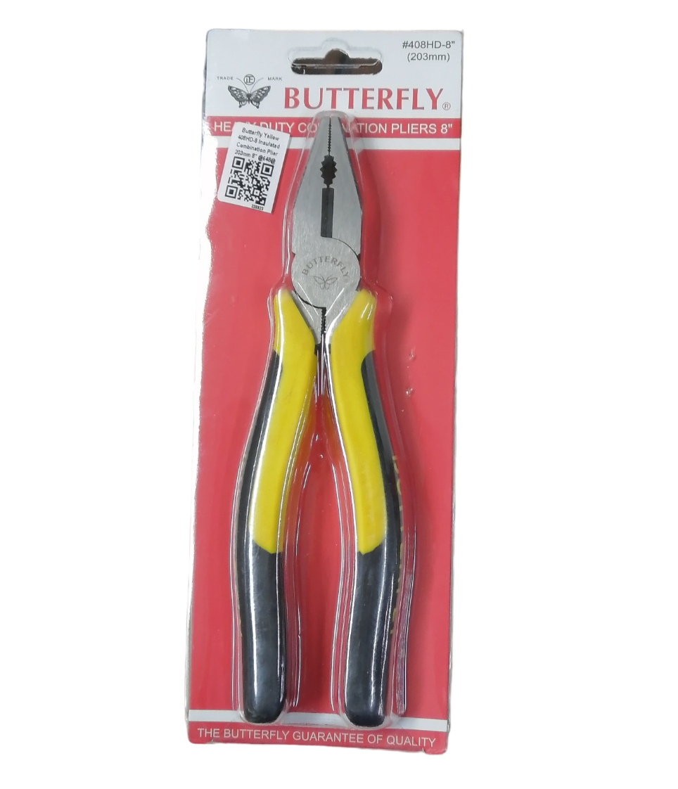 Butterfly Combination Plier 203mm 8 Inches with yellow and black handles in packaging