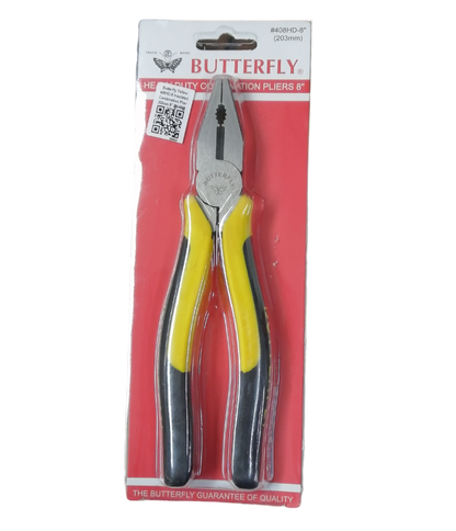 Butterfly Combination Plier 203mm 8 Inches with yellow and black handles in packaging