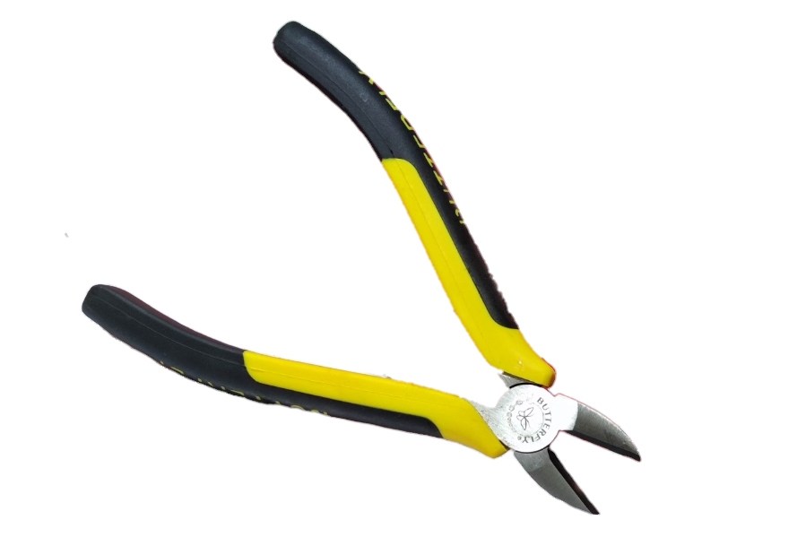 Butterfly Cutting Pliers 178mm 7 inches with yellow and black ergonomic handles on black background