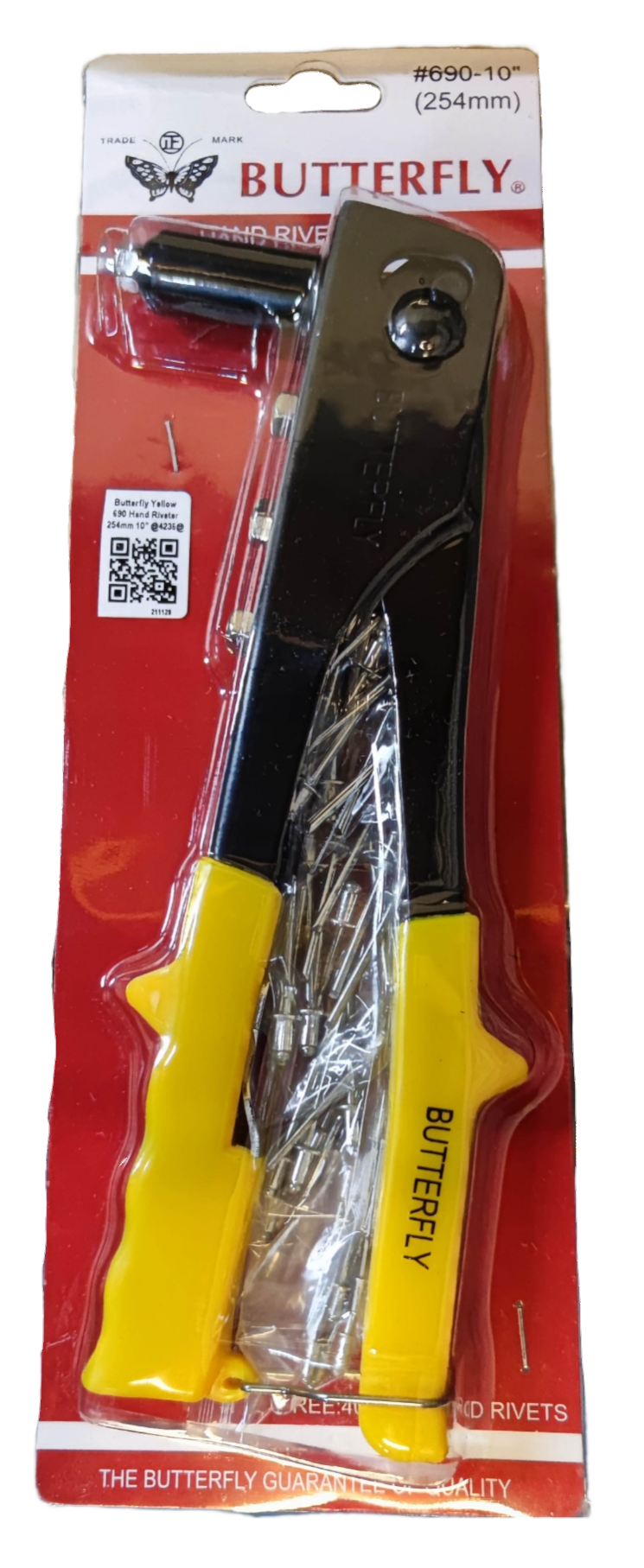 Butterfly Hand Riveter with yellow handles and packaged rivet parts in red and white blister pack