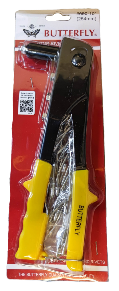 Butterfly Hand Riveter with yellow handles and packaged rivet parts in red and white blister pack