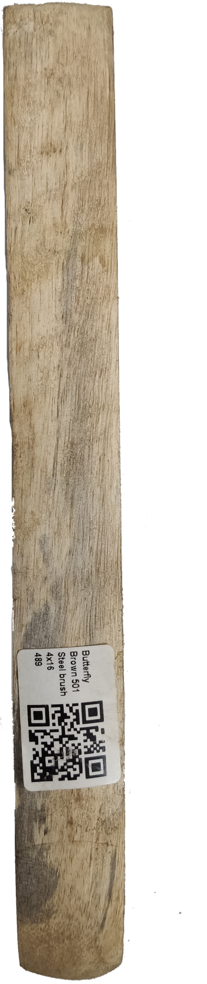 Butterfly Steel Brush handle made of worn wood with a QR code label attached