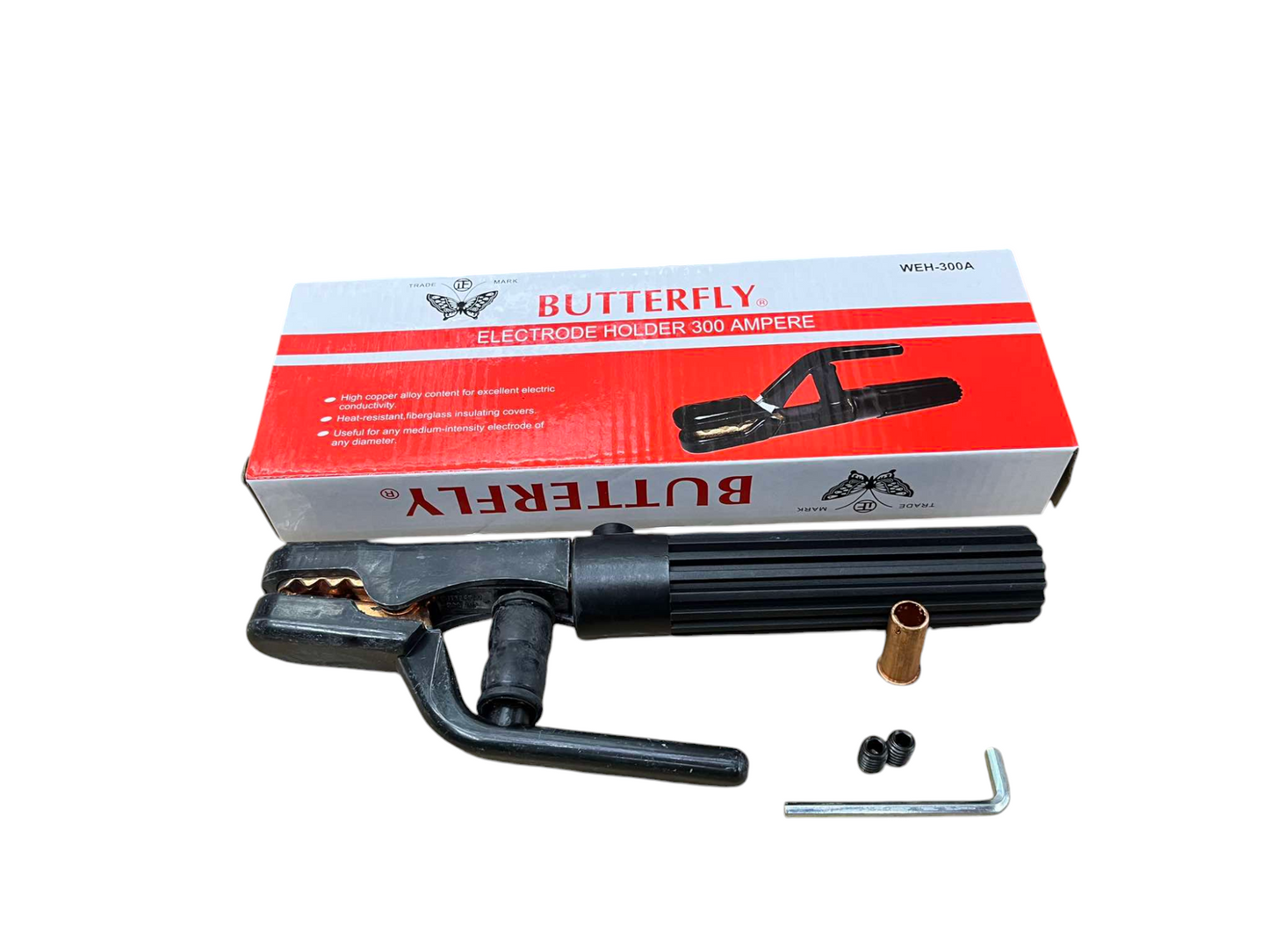Butterfly Welding Rod Holder 300 Amperre with ergonomic handle and accessories in packaging
