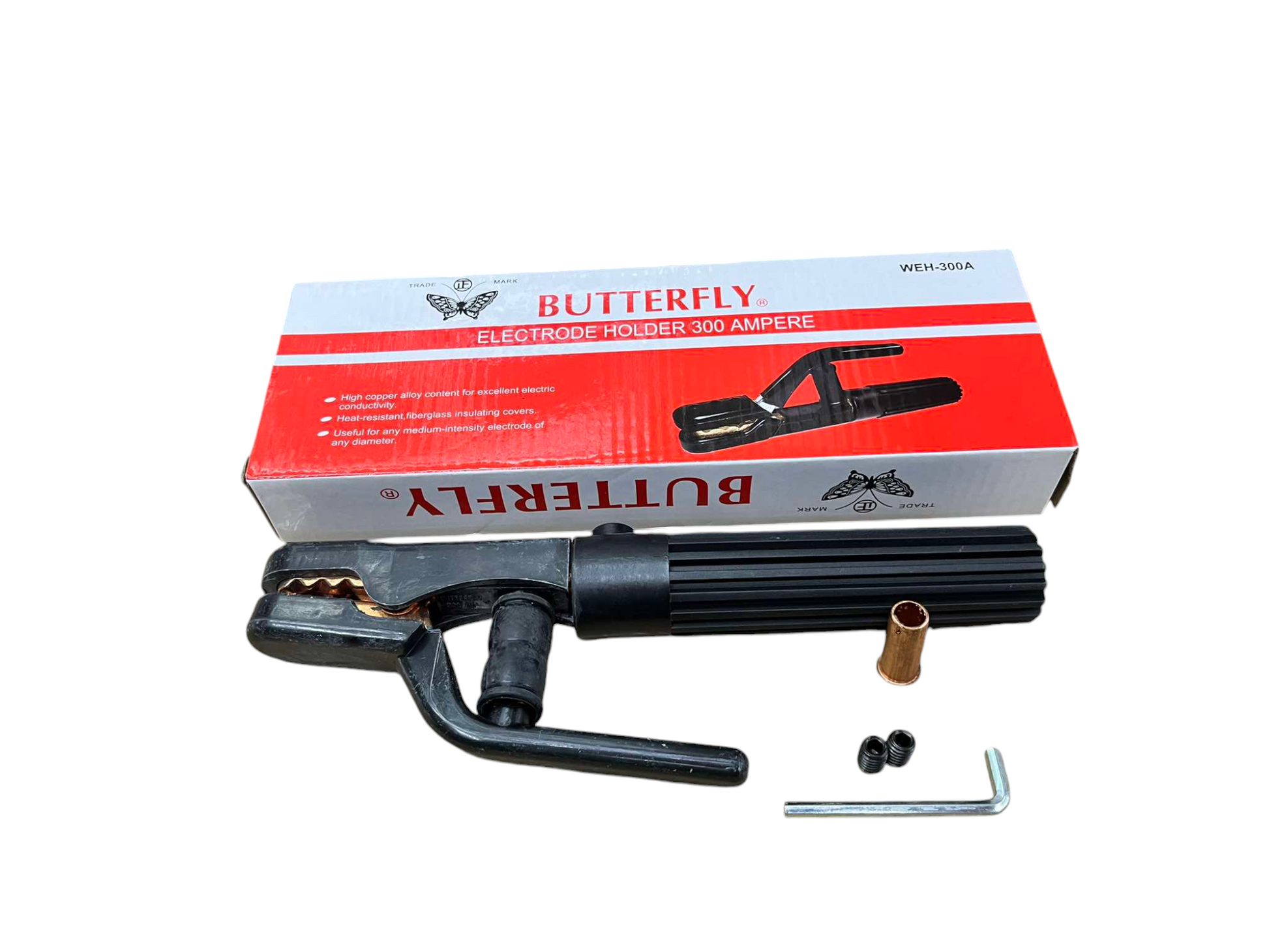 Butterfly Welding Rod Holder 300 Amperre with ergonomic handle and accessories in packaging