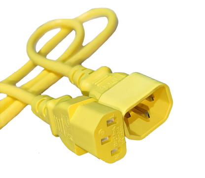 Electx Electrical Supply yellow C13 to C14 Power Cord AWG 16 with durable connectors against black background