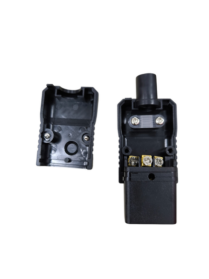 Grippes C19 Female Computer Connetor electrical circuitry part with open black plastic casing