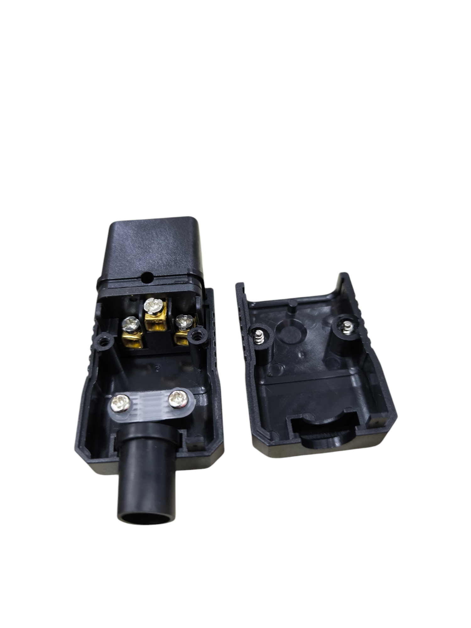 Grippes C19 Female Computer Connetor electrical circuitry part with black plastic casing opened