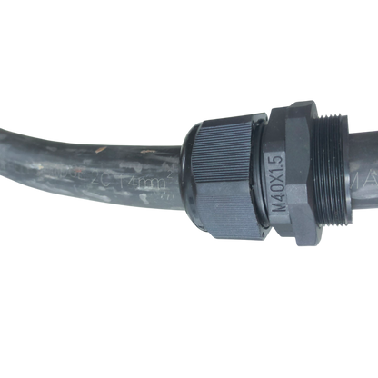 Grippes black Cable Gland M40 22-28mm attached to a transparent cable on black background