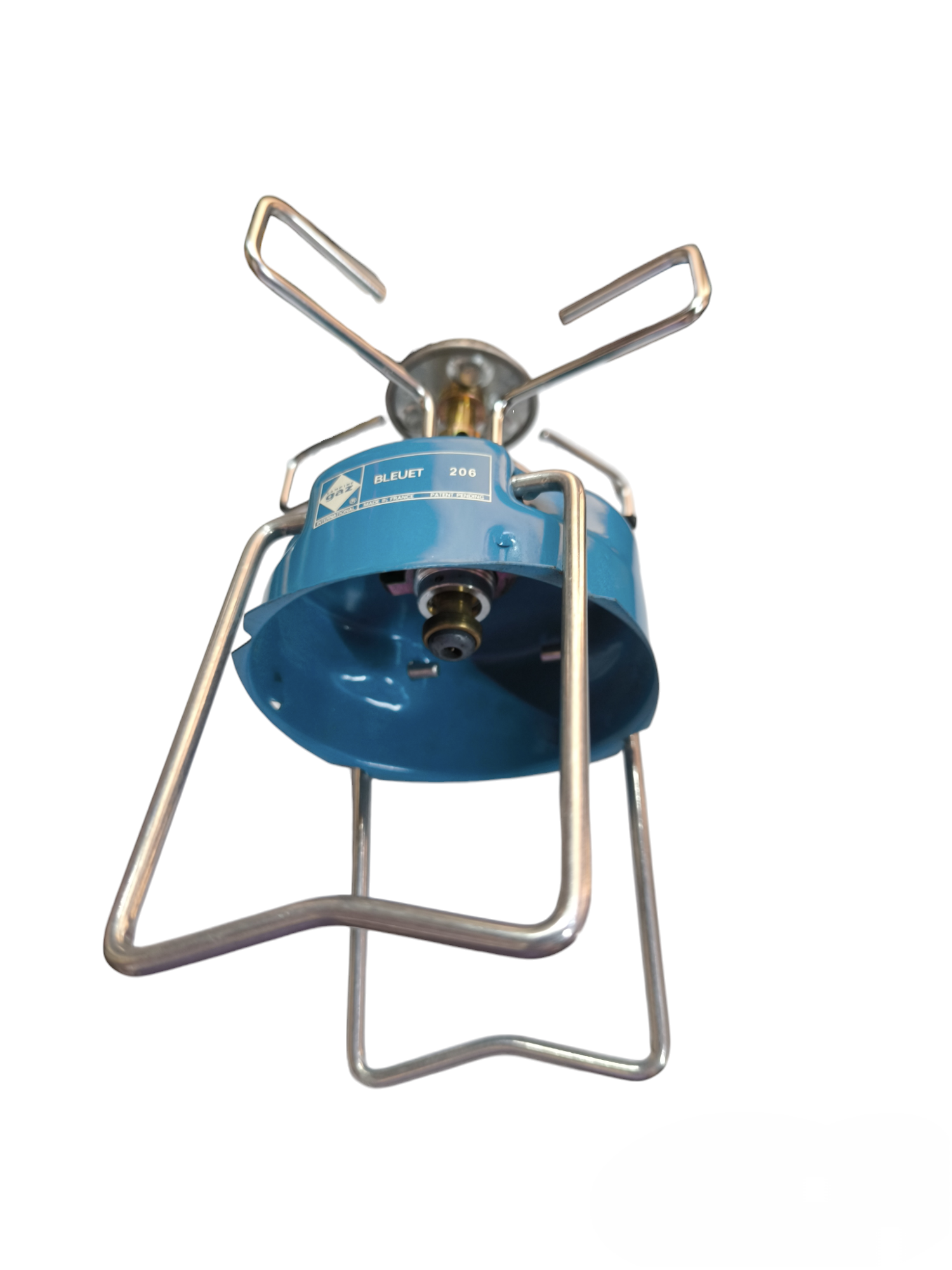Bleuet 206 camping gas stove in blue with metal frame and support for outdoor cooking