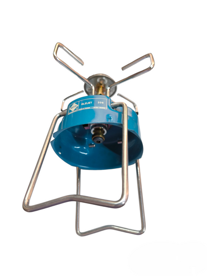 Bleuet 206 camping gas stove in blue with metal frame and support for outdoor cooking