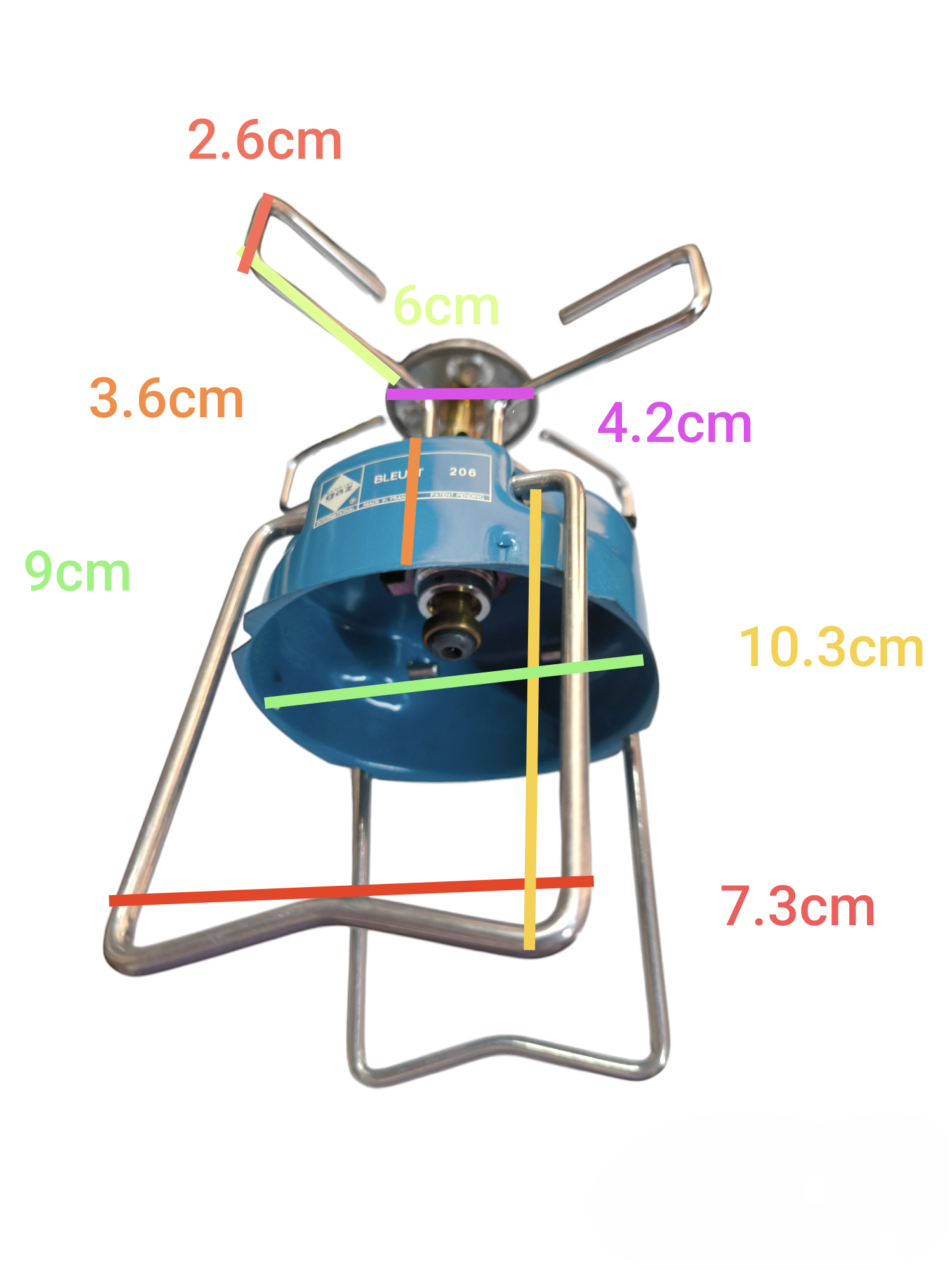 Bleuet 206 camping gas stove in blue with metal supports and detailed size measurements