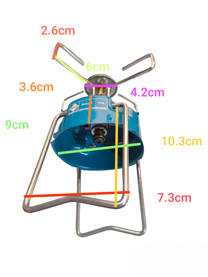 Bleuet 206 camping gas stove in blue with metal supports and detailed size measurements