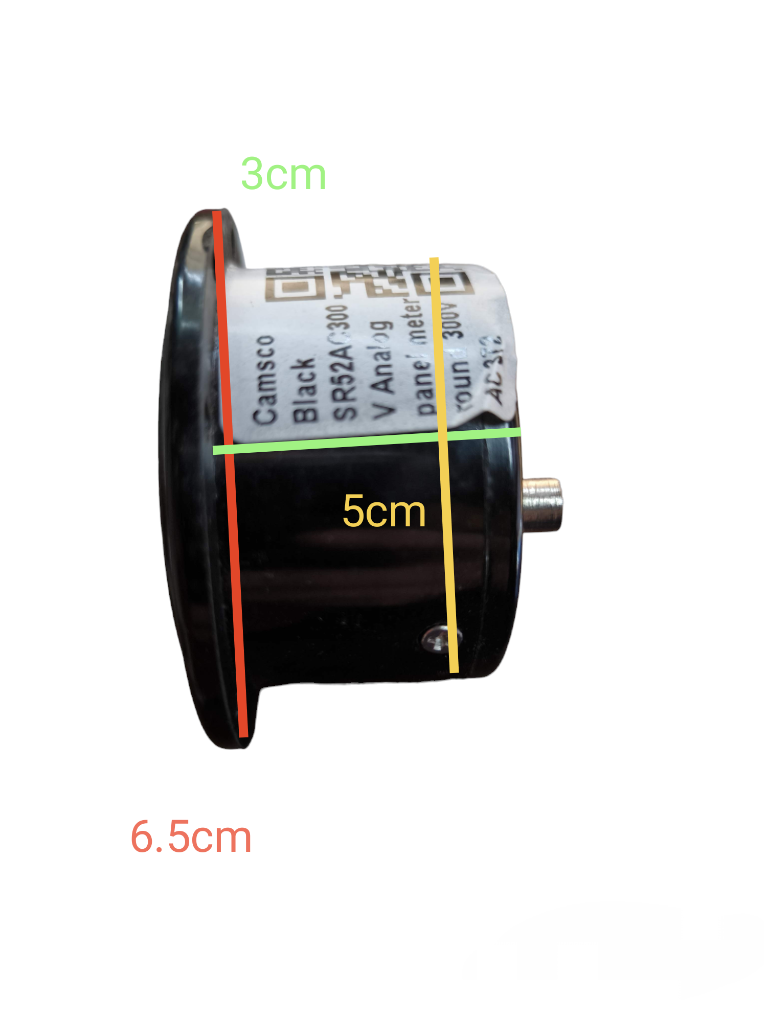 Camsco Panel Meter 300V AC 52mm side view showing black cylindrical electrical circuitry part with measurements