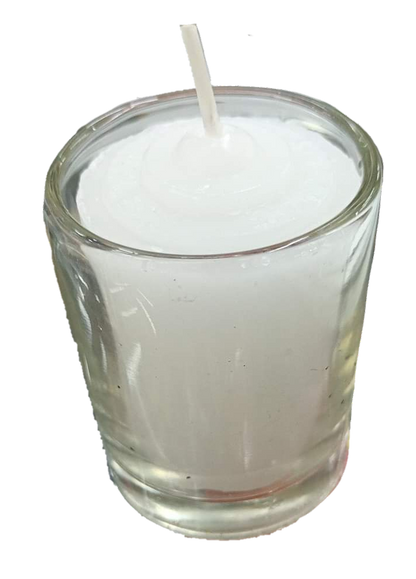 Local candle with glass white in a clear glass holder perfect for home decor and ambiance