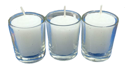 Local brand candle with glass white set of three votive candles in clear glass holders