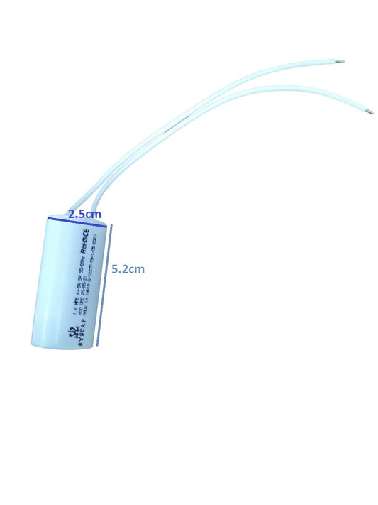 Syscap 1.8MFD 450V AC Motor Running Capacitor with white cylindrical body and attached wires