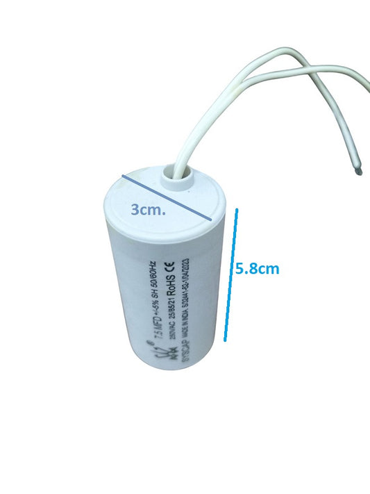 Syscap Capacitor 7.5MFD 250 VAC cylindrical electrical component with white wires and size markings