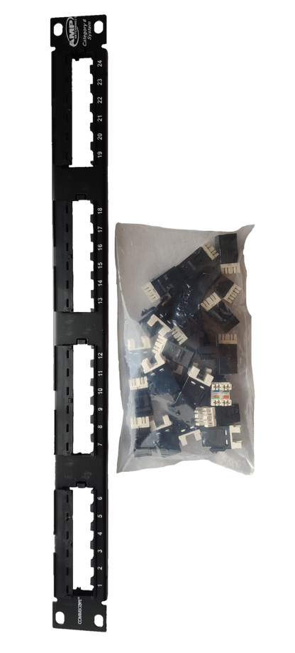 AMP cat6 24 port patch panel with connectors for network access points in black