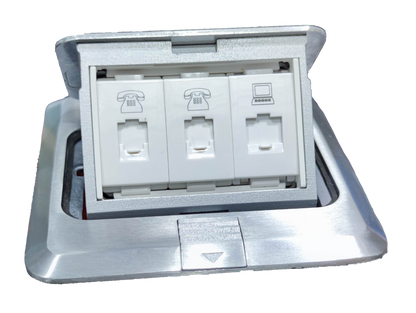 T&J CAT6 with Metal Utility Box featuring telephone and network ports in a sleek silver frame