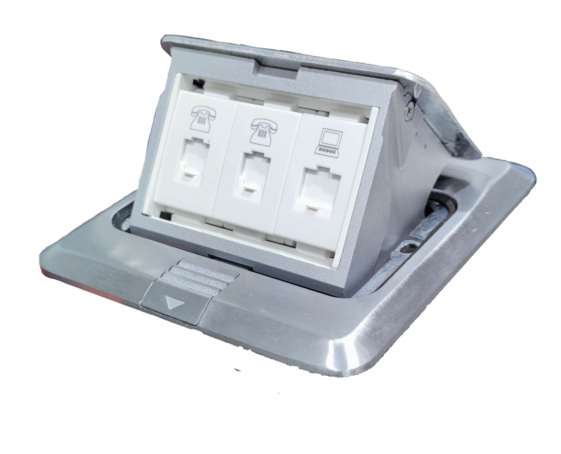 T&J CAT6 with Metal Utility Box floor outlet featuring telephone and network ports in a silver metal casing
