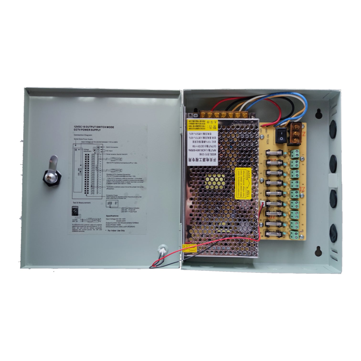 ZwitseRise CCTV Power Supply 12V 15A 220V 9 Channels in a metal enclosure with multiple output connections