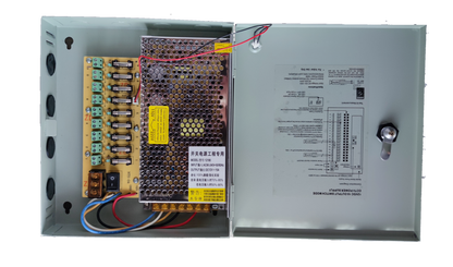 Electx Electrical Supply CCTV Power Supply 12V 15A 220V 9 Channels inside metal enclosure with wiring