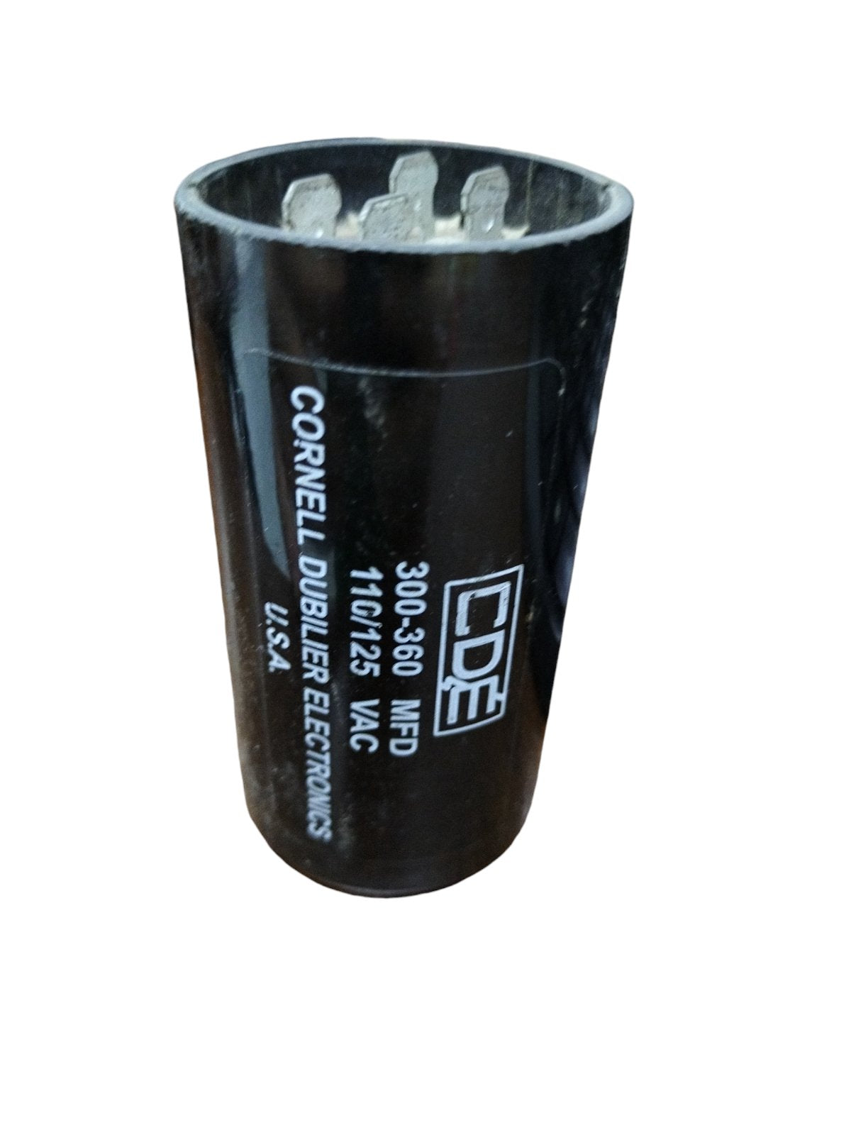 CDE Capacitor 300-360 MFD 110-125V black cylindrical electrical component with metal terminals