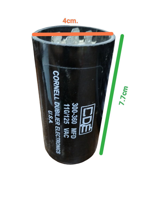 CDE Capacitor 300-360 MFD 110-125V black cylindrical electrical component with measurement markings