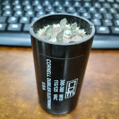 CDE Capacitor 300-360 MFD 110-125V with five connectors for electrical applications