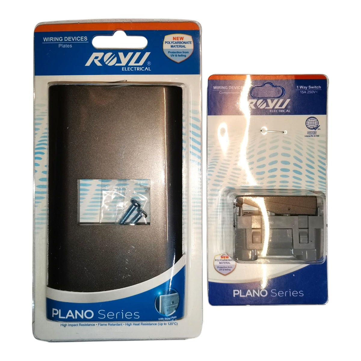 Royu 1 Gang 1 Way Switch 15A 220V with Plate Cover Dark Gray PLANO Series RMP1/RMS6-A/DG