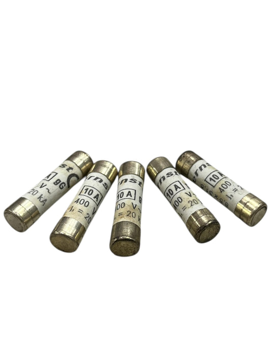 Set of five Ceramic Fuse 10A 400V 8x31mm electrical circuit parts with metal caps