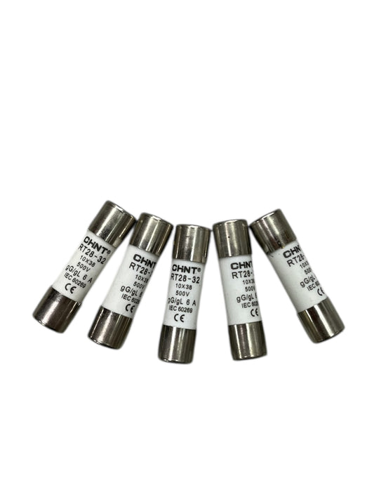 Set of five Ceramic Fuse 6A 500V 10x38mm electrical components with metal end caps for circuit protection