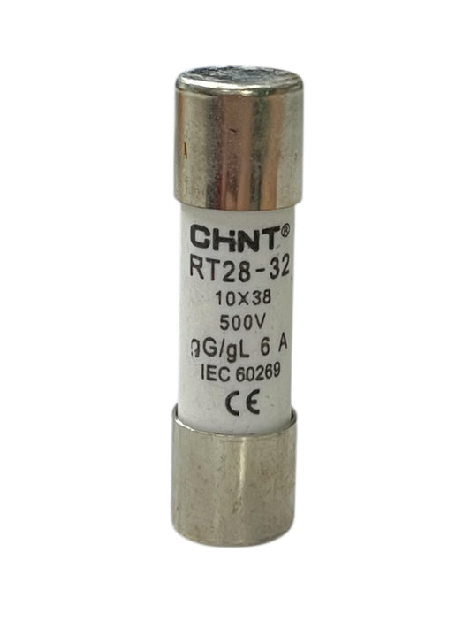 Ceramic Fuse 6A 500V 10x38mm electrical component with metal end caps and white ceramic body