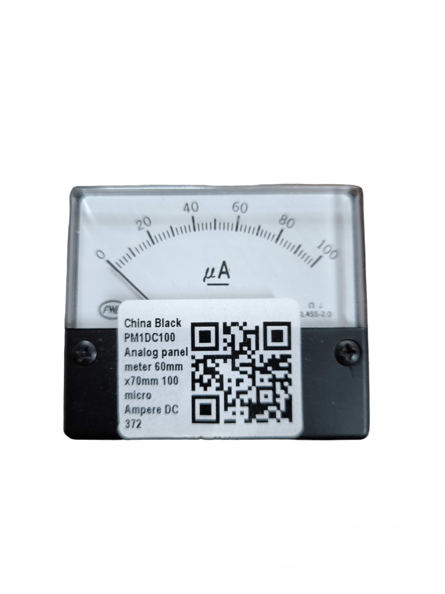 FEW analog 100uA DC panel meter 0-100 microamp scale rectangular 60mm panel with QR sticker