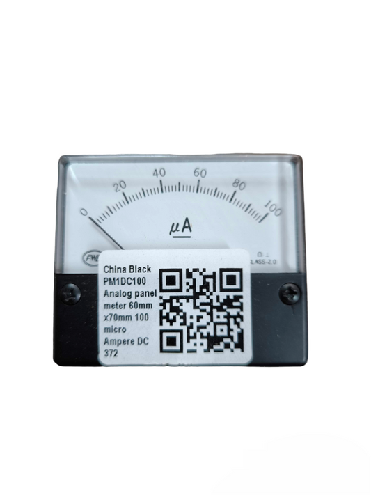 FEW analog 100uA DC panel meter 0-100 microamp scale rectangular 60mm panel with QR sticker