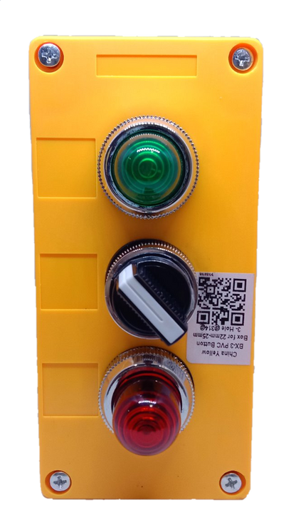 Auspicious industrial selector switch 220V red green mounted on yellow control box with black knob and QR label