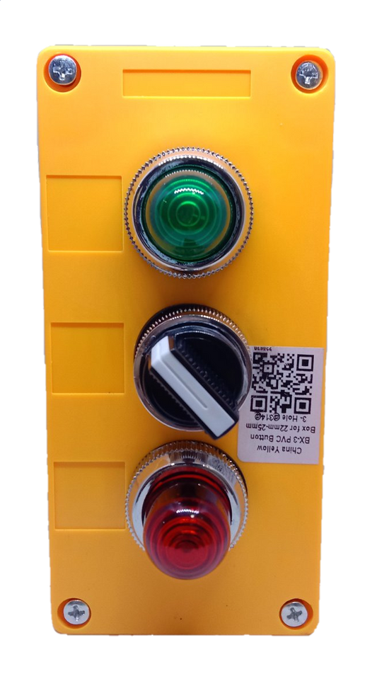 Auspicious industrial selector switch 220V red green mounted on yellow control box with black knob and QR label